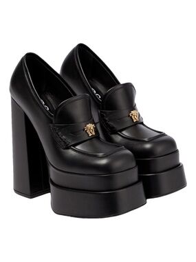 Versace Black Platform Loafers with Gold Medusa Detail